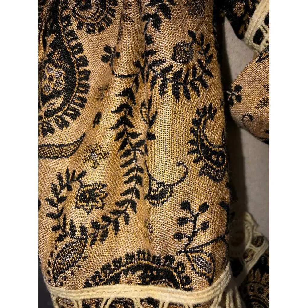 Rising Tide Infinity Scarf Paisley Crochet Trim Brown Tan Beige Handcrafted